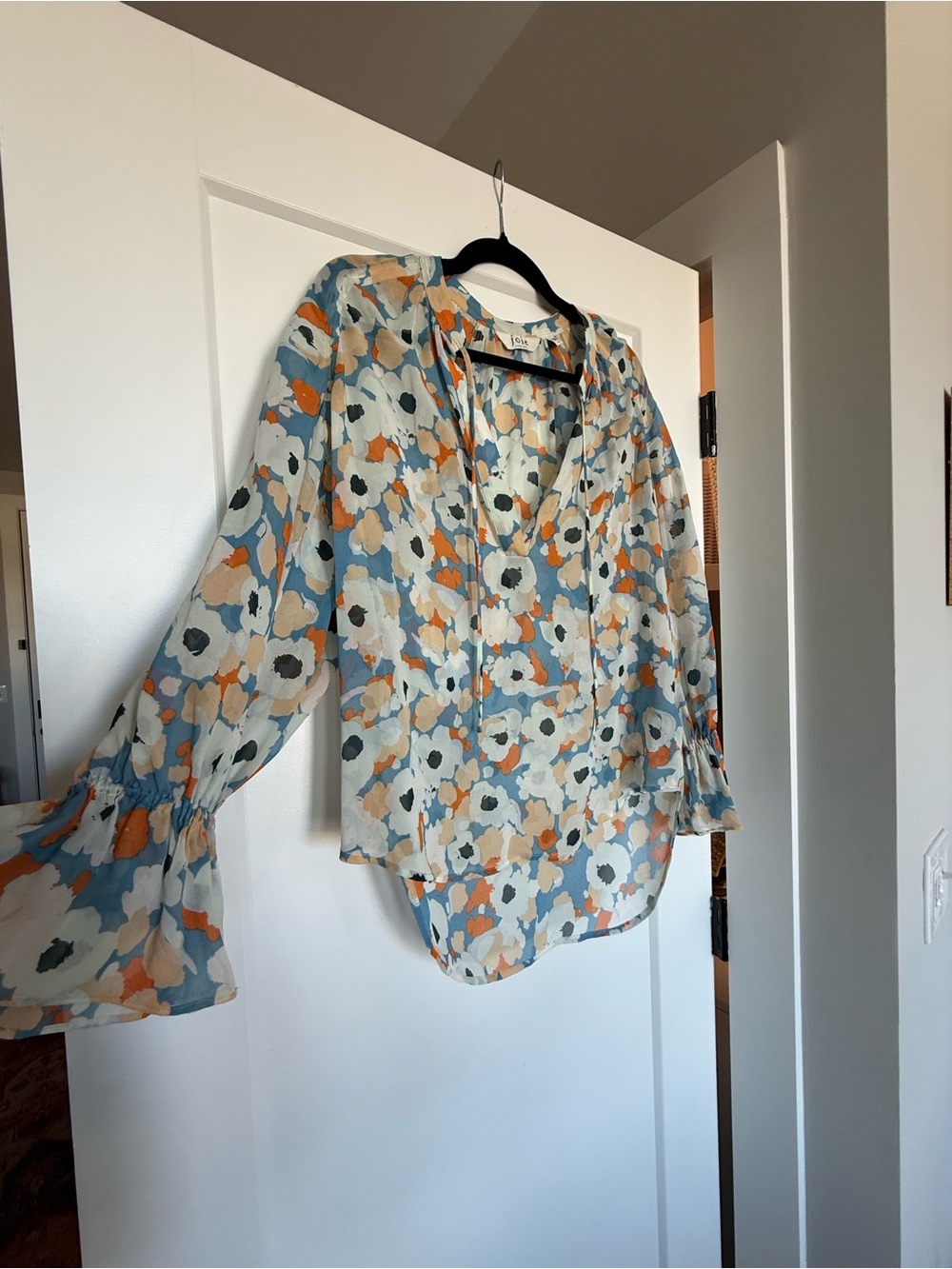 Joie Floral Tie-Neck Blouse in Blue, Orange, Cream